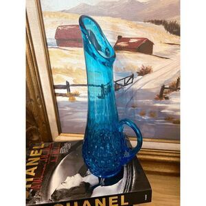 Vintage Blue Hobnail Swung Glass Ewer Pitcher — L.E. Smith Style, Unmarked Aqua